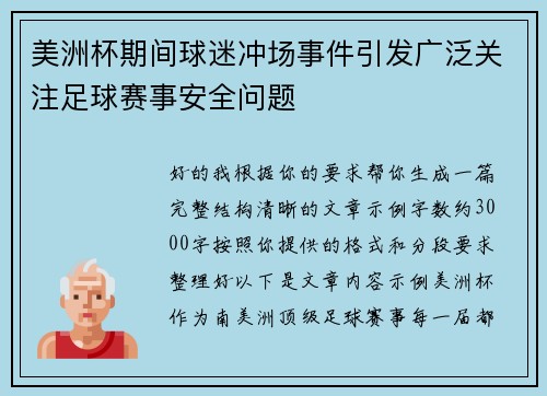 美洲杯期间球迷冲场事件引发广泛关注足球赛事安全问题